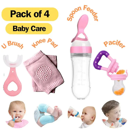 👶New Combo Pack 4 in 1 Baby Fruit Pacifier - Baby Silicon Spoon Feeder Best Soother - Pair of Kneepad - Best Silicone U Tooth Brush👶